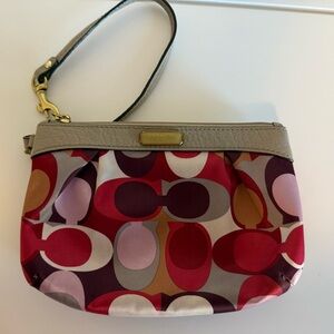 COACH Multicolor Signature Satin Wristlet Clutch with Beige Trim